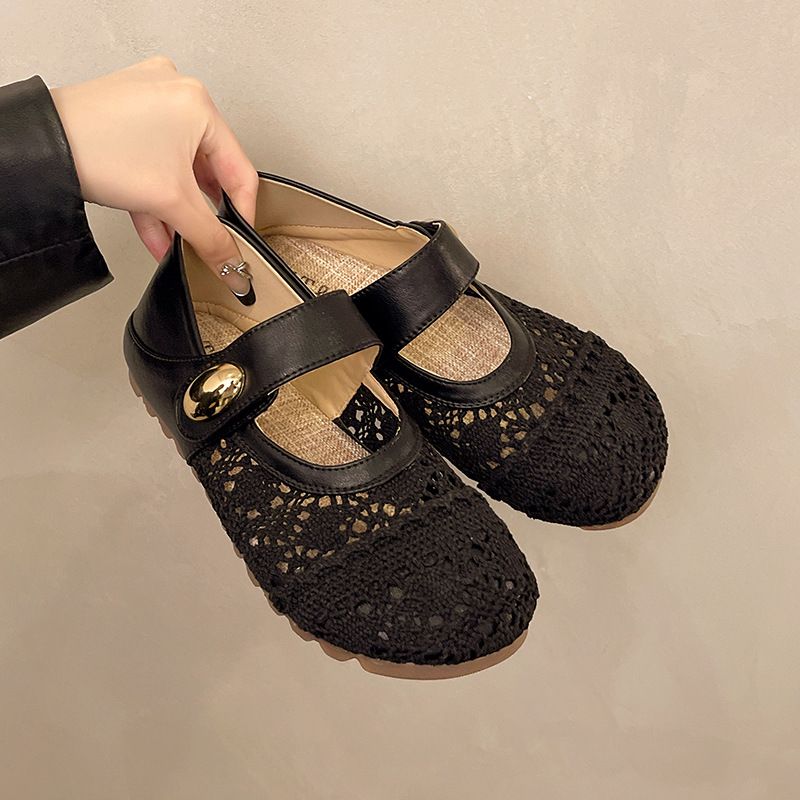 Thick-soled Inner Height-increasing Single Shoes Women's Woven One-pedal Velcro Mary Jane Shoes With Skirts Casual Shoes_voghion.com