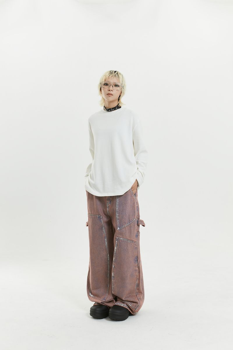 Giacca e pantaloni in denim lavato con schizzi di inchiostro, design hip-hop americano, primavera-autunno 2024, per donna_voghion.com