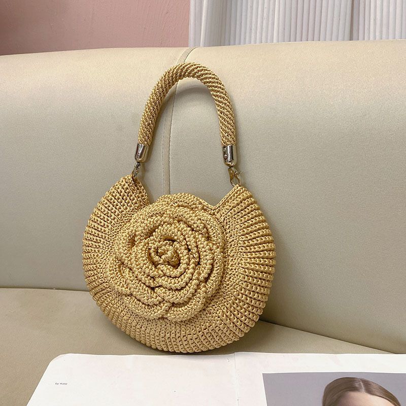 Bolso de mano estilo picnic pastoral floral tejido a mano, de moda, con diseño de nicho, informal, sencillo, con monedero y pintalabios._voghion.com