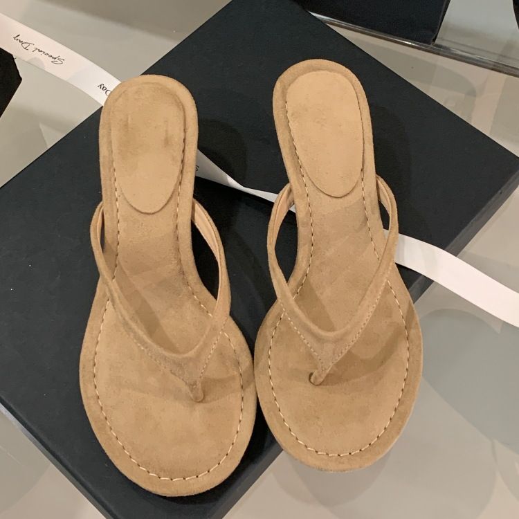 Damen-Sommer-Flip-Flops für draußen, eleganter Wildleder-Feen-Stil mit einzigartigem Design und kleinem Katzenabsatz_voghion.com