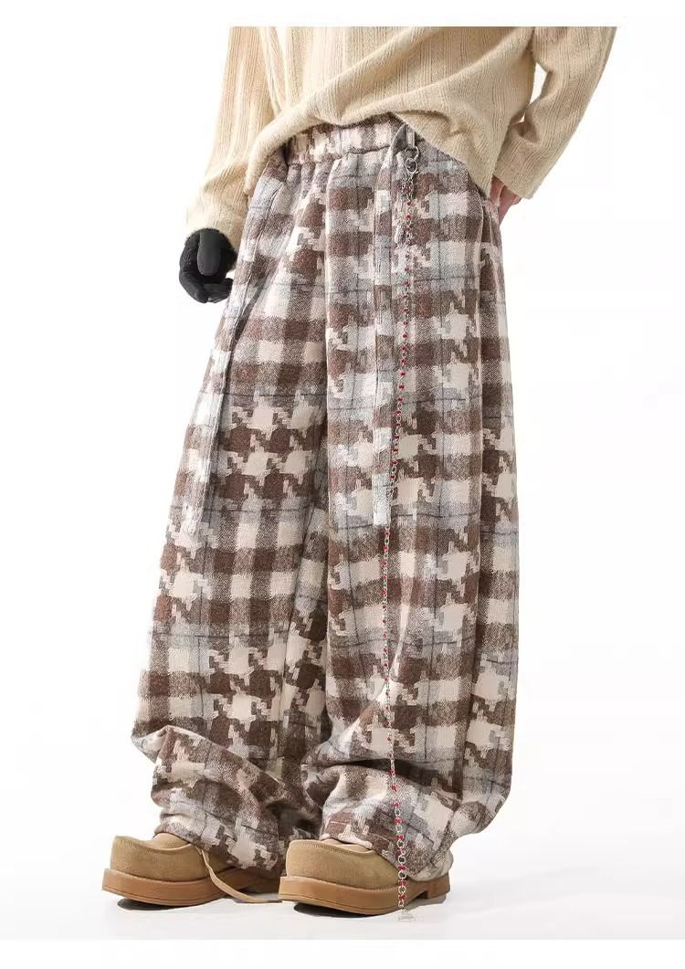 Hose im Hahnentrittmuster, wollähnlich – hoch tailliert, weites Bein, Polyester-Fleece-Futter, Retro-Winterhose für Unisex (Blau/Khaki, S-XXL)_voghion.com