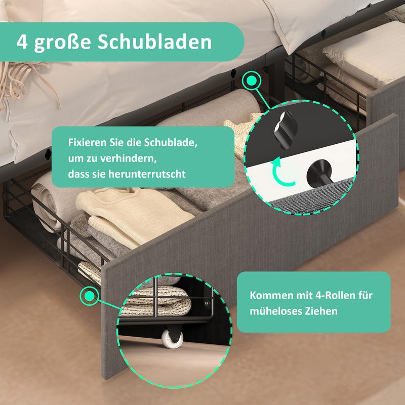 Lit double avec rangement et lattes en bois, chargement USB Type-C, éclairage LED et 4 tiroirs, gris (matelas non inclus). Lit enfant 140 x 200 cm._voghion.com