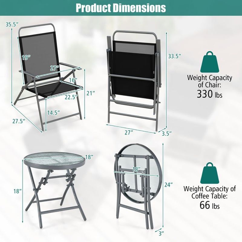 3 Pieces Patio Folding Chair Set Outdoor Metal Conversation Set_voghion.com