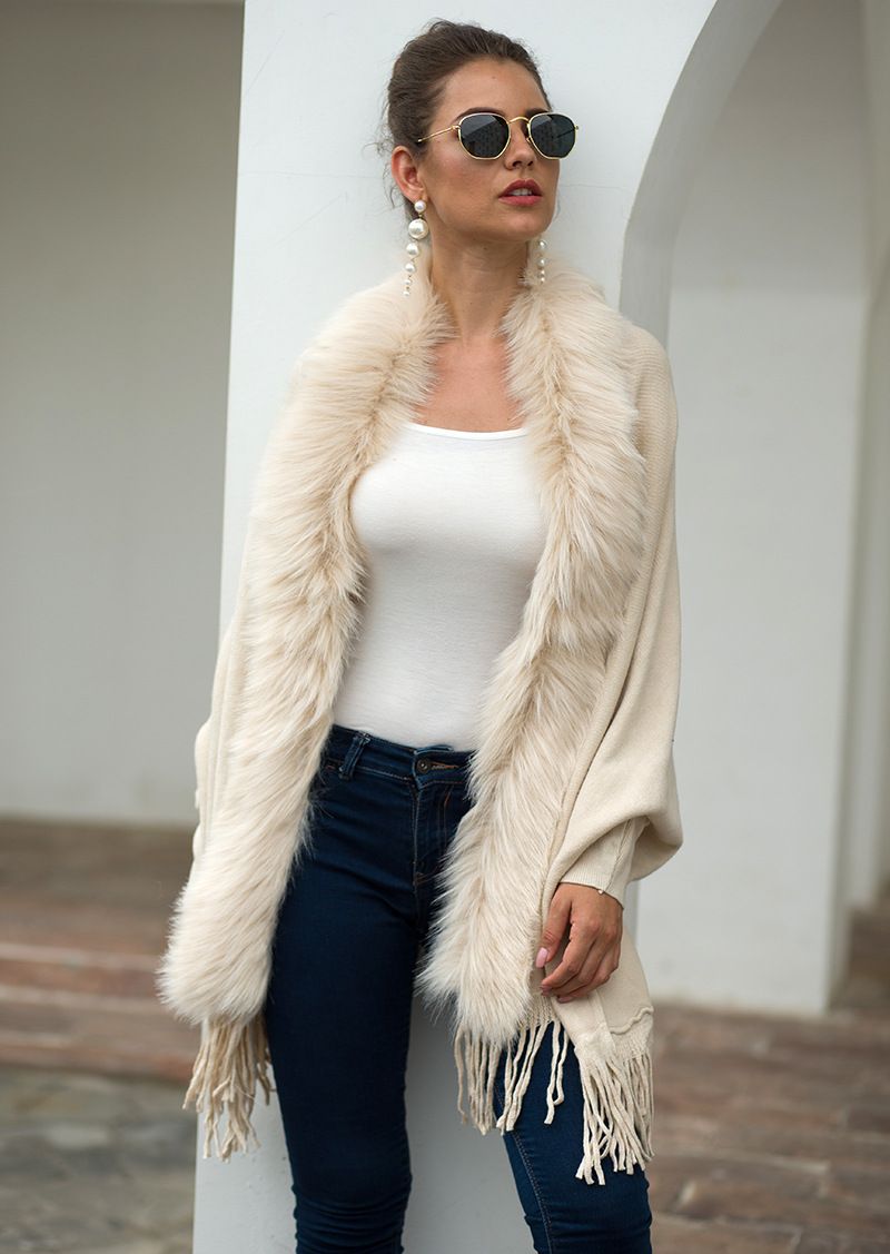 Maglione cardigan tinta unita in stile europeo e americano, autunno e inverno, con nappa e collo in pelliccia_voghion.com