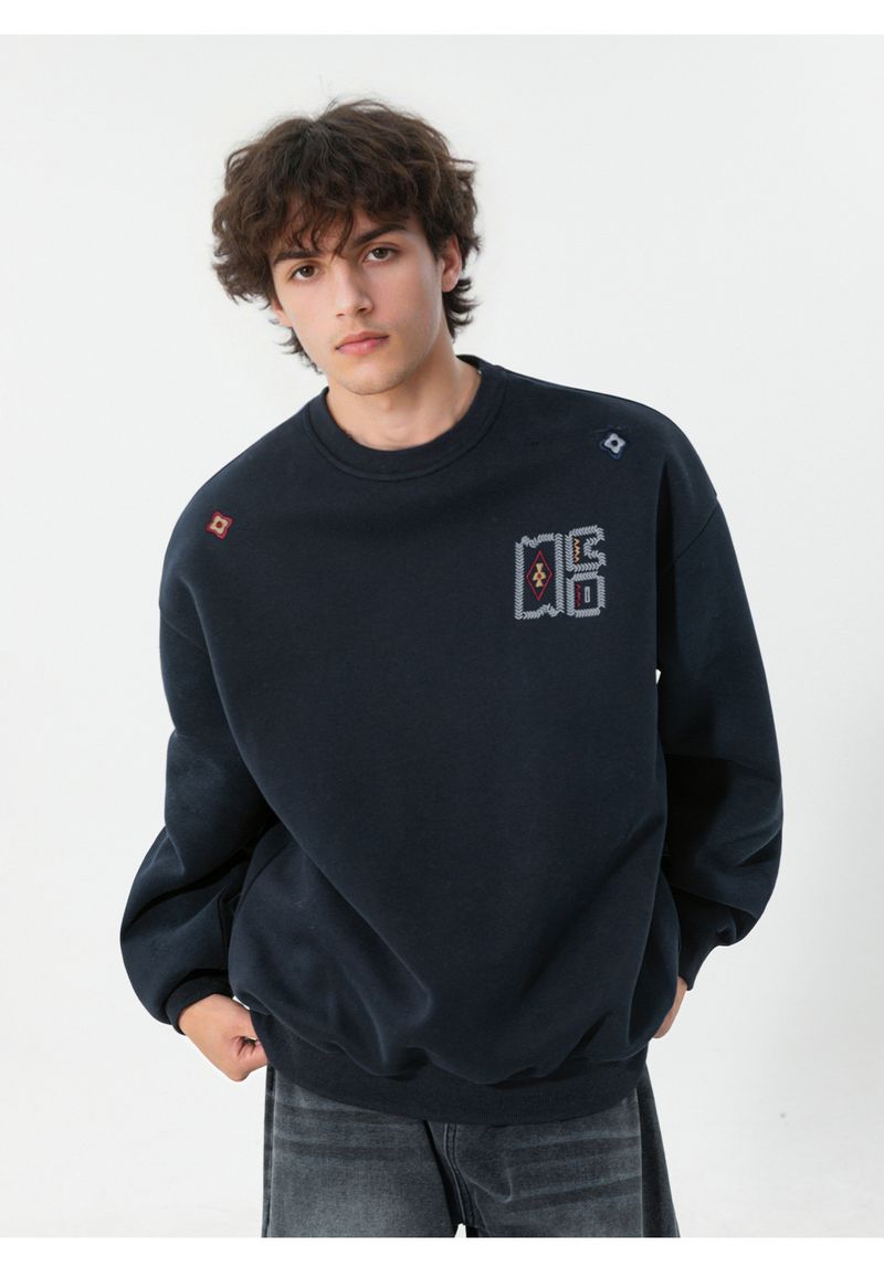 Ethnic Style Contrast Color Embroidered Heavyweight Crewneck Sweatshirt Men's Autumn Fashion Loose Fit Pullover Top_voghion.com