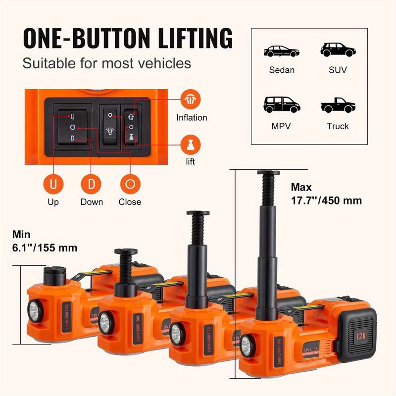 LCD Display Electric Car Jack, 5 Ton Hydraulic Car Jack, Portable Car Jack Lifting With Built-in Inflatable Pump And LED Light, Car Jack For SUV MPV Sedan Truck Change Tires Garage Repair_voghion.com