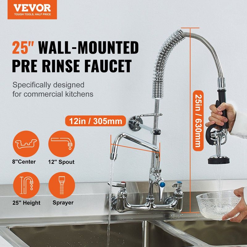 VEVOR Commercial Faucet With Pre-Rinse Sprayer, 25" Height, 8" Center, 12" Swing Spout, Wall Mount Kitchen Sink Faucet, Brass Constructed Device With Pull Down Spray, For 1/2/3 Compartment Sink_voghion.com