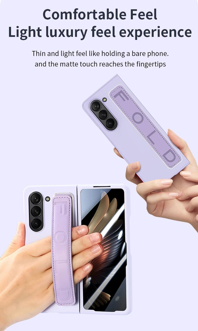 Custodia per telefono con cinturino da polso in pelle PU per Samsung Galaxy Z Fold 5 5G con copertura in plastica di protezione in vetro dello schermo frontale_voghion.com