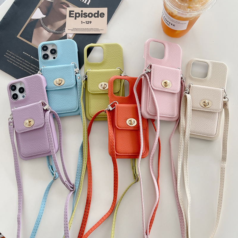 Mobile phone case lock card holder diagonally suitable for Apple 15pro max mobile phone case iPhone14 pebbled pattern protective cover_voghion.com