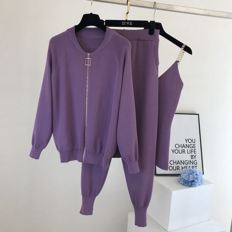 Damen Strickanzug Weste, Jacke, Elastische Hose, Modischer Dreiteiler_voghion.com