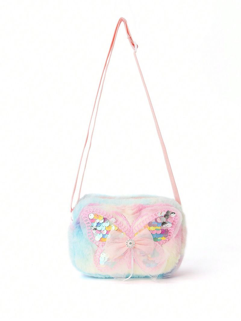 Girls Pink Butterfly Cartoon Print Messenger Bag Kawaii Colorful Plush Outing Small Square Bag Furry_voghion.com