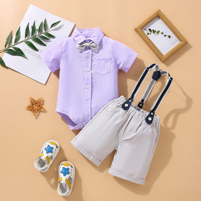SAMGAMI BABY Ensemble trois pièces pour garçon, version coréenne, barboteuse à manches courtes, gilet et chapeau, blanc, nœud papillon, bretelles_voghion.com