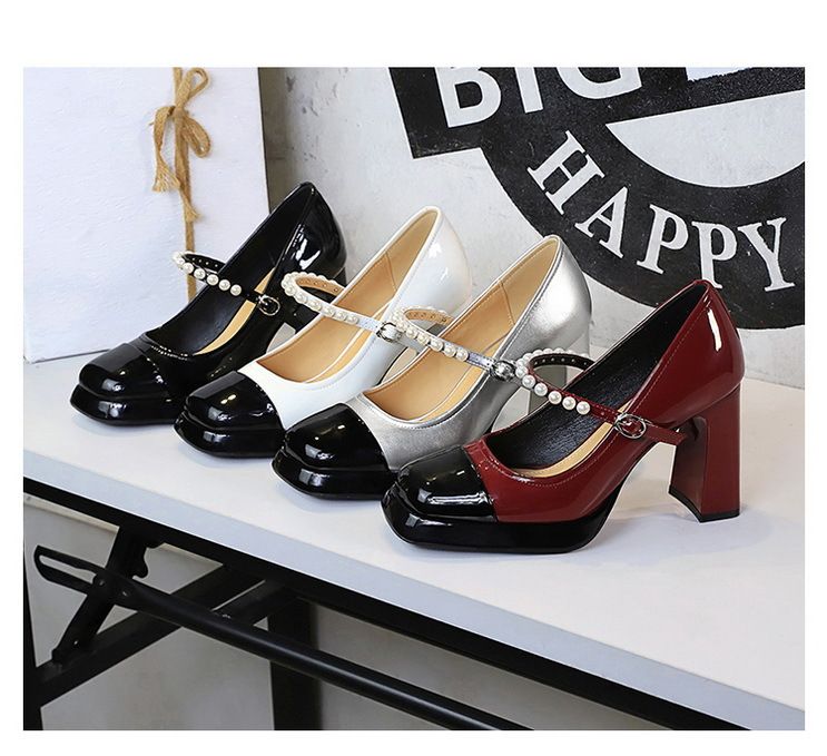 Women's Shoes Chunky Heel Mary Jane Shoes, Square Toe, Waterproof Platform, Low Mouth, Color Block, One Strap Pearl High Heel Single Shoes_voghion.com