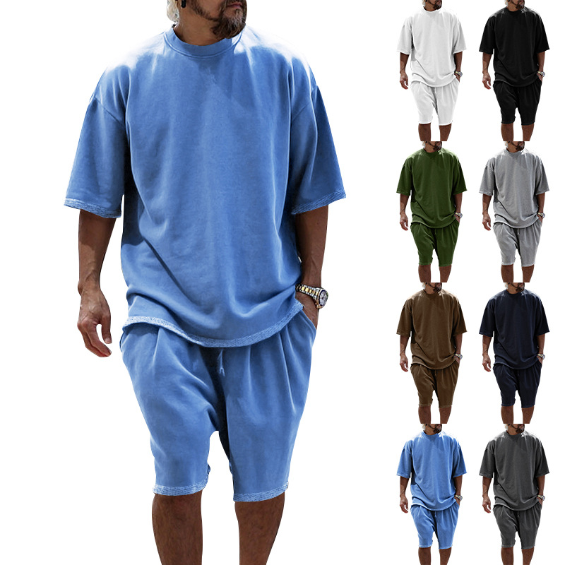 2024 grand ensemble décontracté ample manches courtes T printemps/été shorts couleur unie vêtements pour hommes_voghion.com