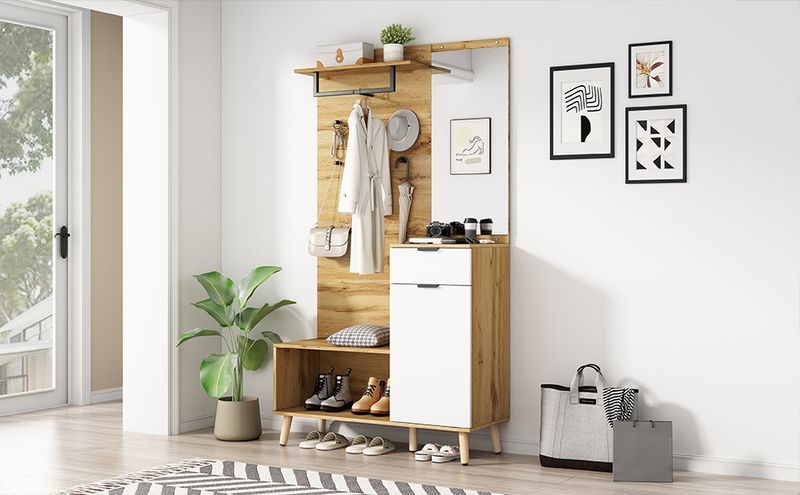Porte-manteau multifonctionnel en bois de 190 cm de haut avec miroir, banc à chaussures, meuble à chaussures, tiroir, étagère et crochets à vêtements – Design moderne avec charnières hydrauliques et rangement pratique_voghion.com