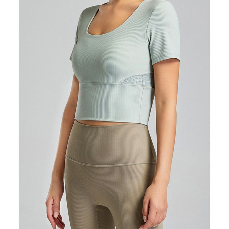 Haut de yoga avec coussinets de poitrine pour femme, ensemble de t-shirts de fitness pour l'été, Pilates, sport haut de gamme, manches courtes_voghion.com
