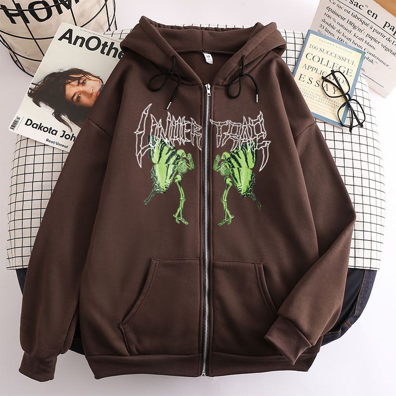 Felpa con cappuccio da donna con cerniera nera a doppio strato, stile teschio, stile farfalla, stile hip hop, stile gotico, stile Harajuku Y2k_voghion.com