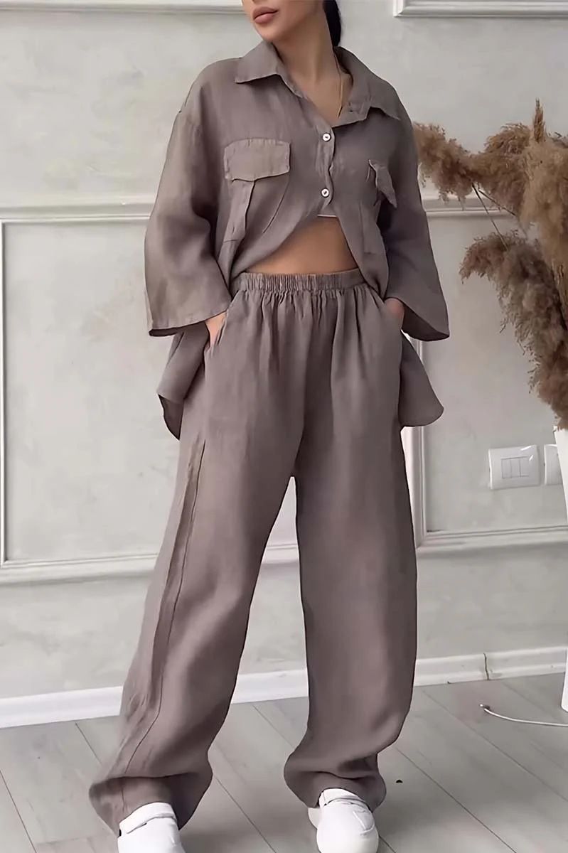 Abbigliamento da donna, due pezzi, camicia in cotone e lino, completo, pantaloni larghi a vita alta, taglie forti_voghion.com