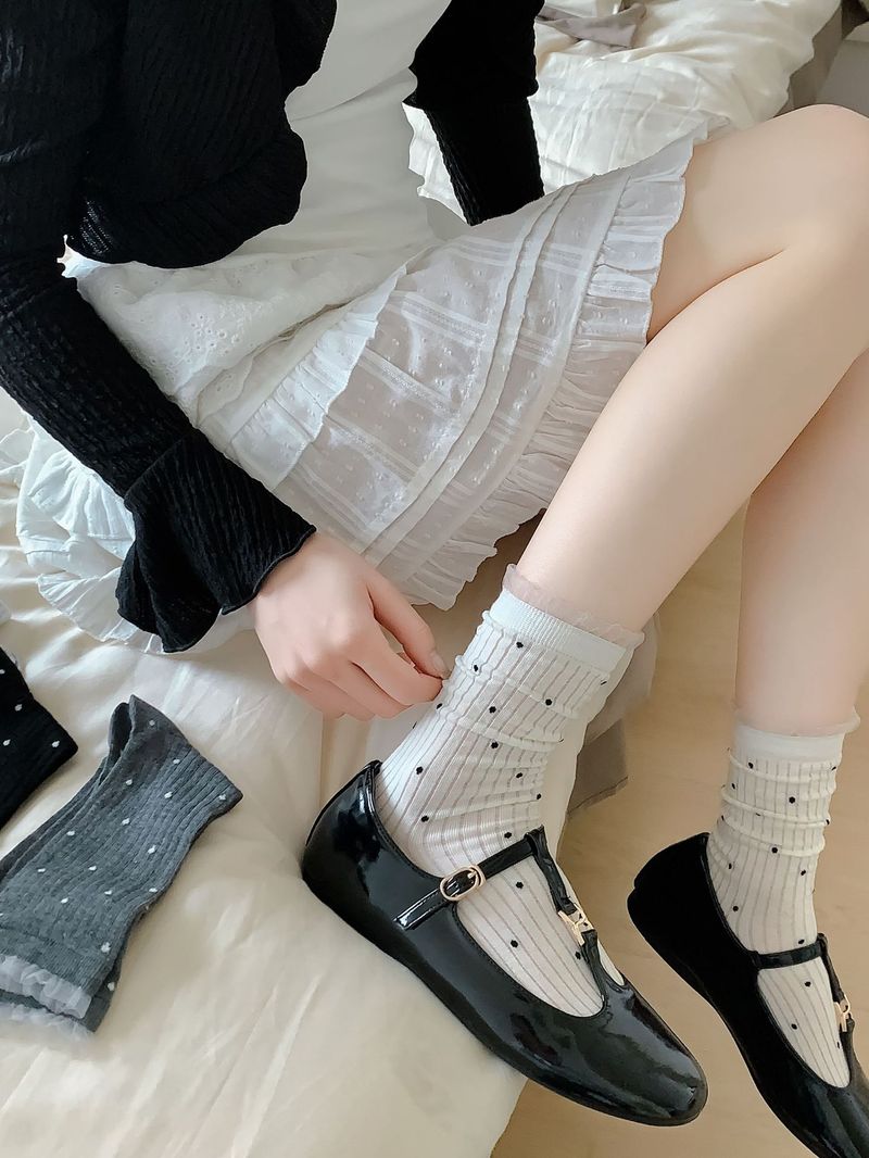Calze estive da donna, sottili fino a metà polpaccio, a pois, versione coreana dei semplici calzini di cotone da donna_voghion.com