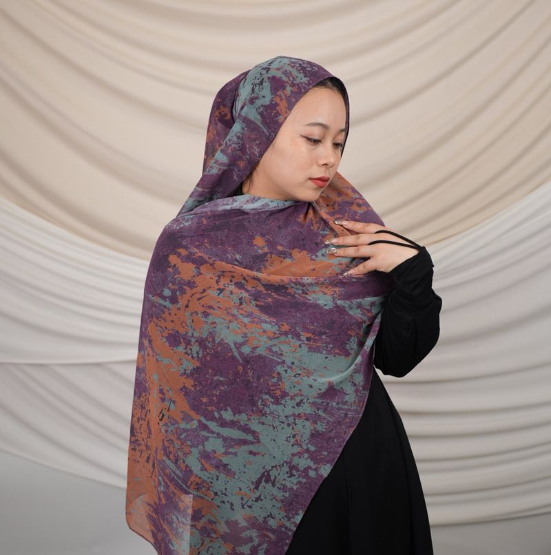 Bofu Silk Double-Sided Penetration Print Silky Chiffon Geometric Malay Muslim Headscarf_voghion.com