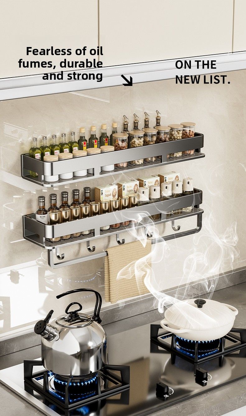 Kitchen Storage Multi-Functional No-Drill Seasoning Rack Wall-Mounted Spice Jar Organizer Shelf_voghion.com