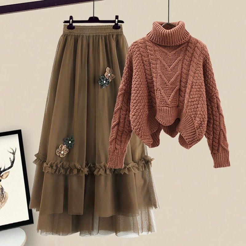 Women's Clothing Winter petite knitted sweater with winter skirt mesh skirt_voghion.com