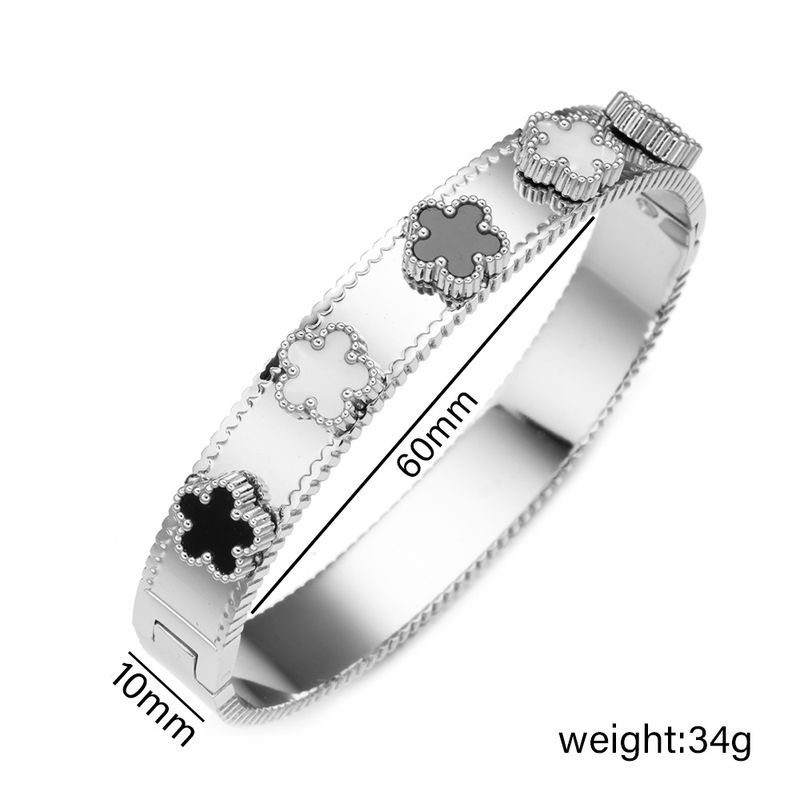 Nouveau bracelet trèfle à cinq feuilles en acier inoxydable avec nacre noire et blanche, bijoux de personnalité haut de gamme et polyvalents_voghion.com