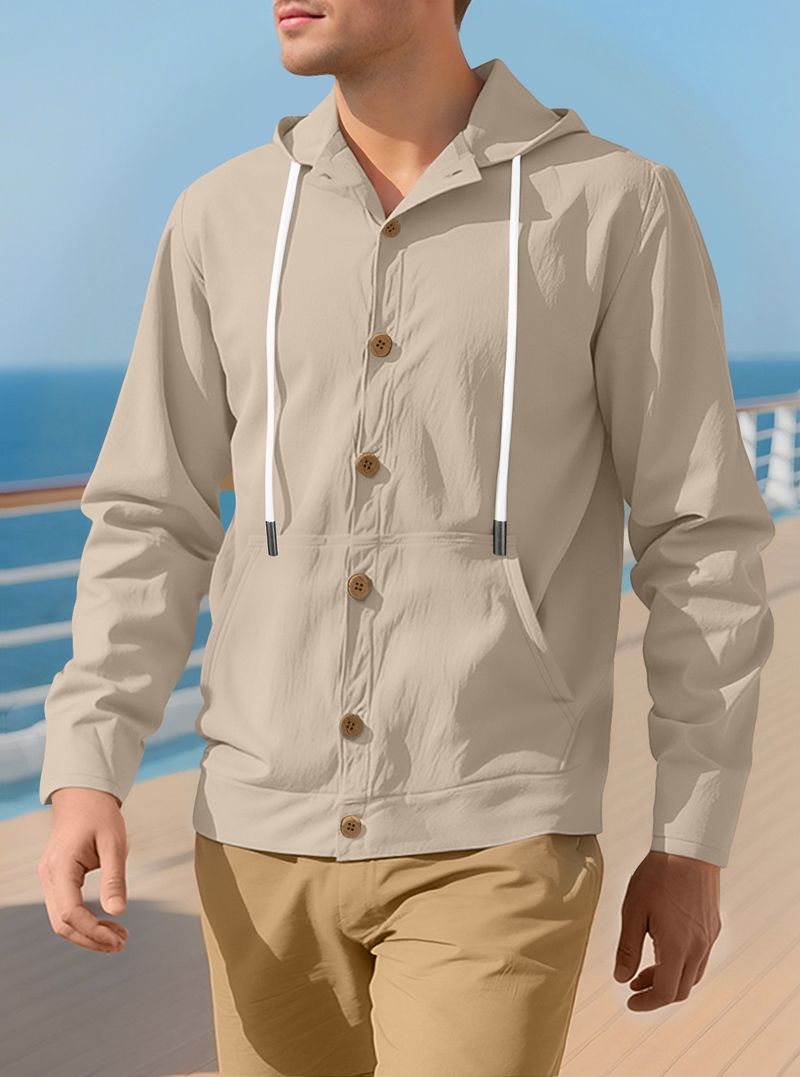 Camicia da uomo con bottoni, casual, ampia, in lino, semplice, con cappuccio, a maniche lunghe, primaverile e autunnale_voghion.com