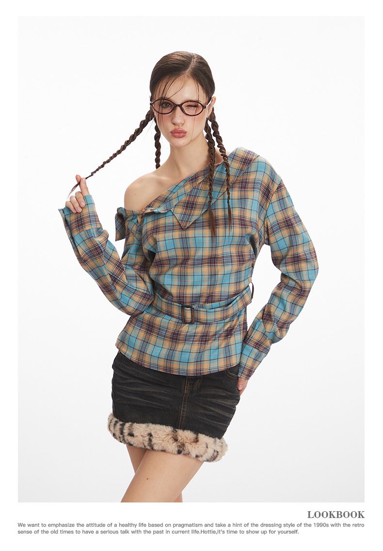 Women's Clothing Women's Asymmetric Collar Shirt - Slim Fit Checkered Top With Waist Tie_voghion.com
