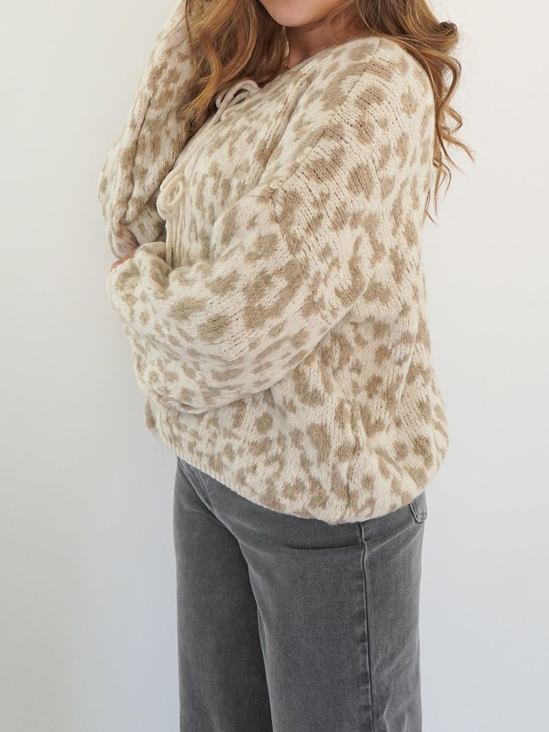 Women's Leopard Print Knit Cardigan – Retro Tie-Front Open Sweater Coat (Black, Green, Orange, Khaki, Burgundy)_voghion.com