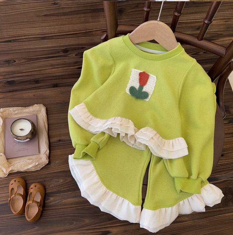 Ensemble pull deux pièces pour fille, vêtements pour enfants, combinaison en dentelle pour bébé, printemps et automne_voghion.com