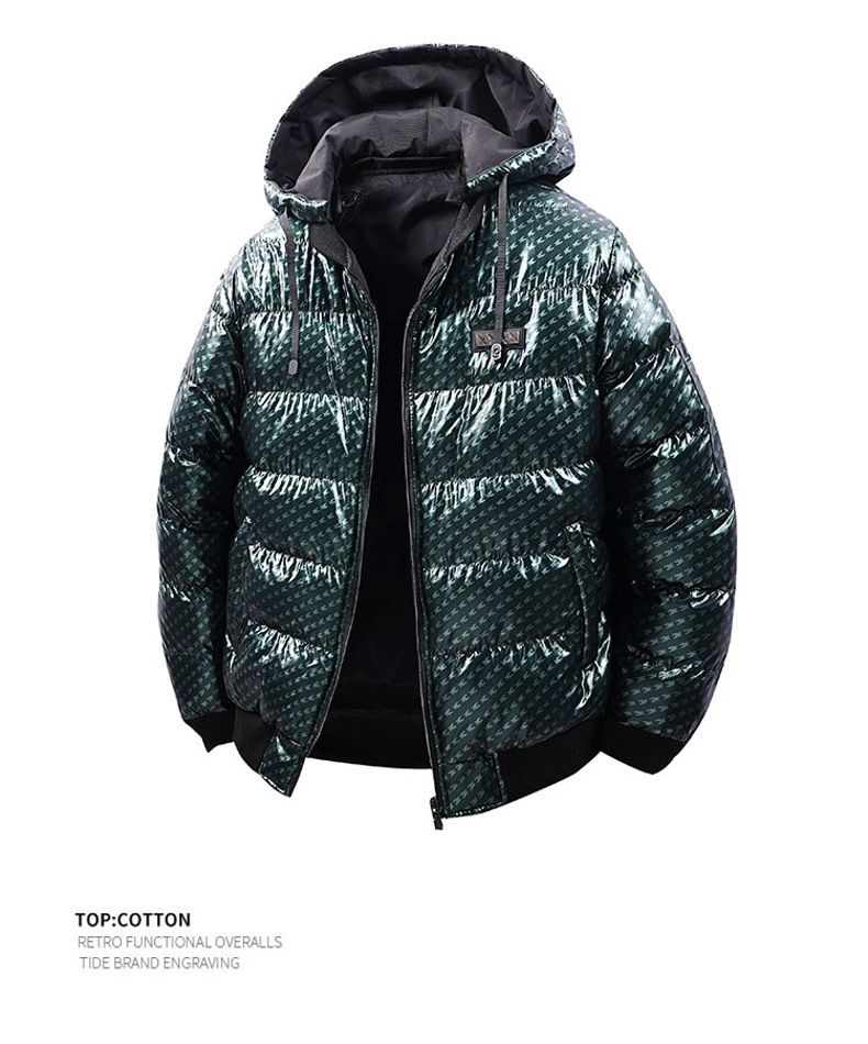 Jaqueta acolchoada masculina com estampa reversível e capuz removível - Casaco forrado de lã quente para inverno, casual e esportivo (preto, verde brilhante, branco prateado)_voghion.com