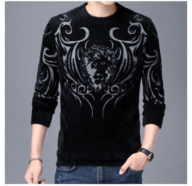 Maglione da uomo in pile di visone spesso, maglione girocollo in jacquard di carpa di mezza età e giovane, maglione con fondo_voghion.com