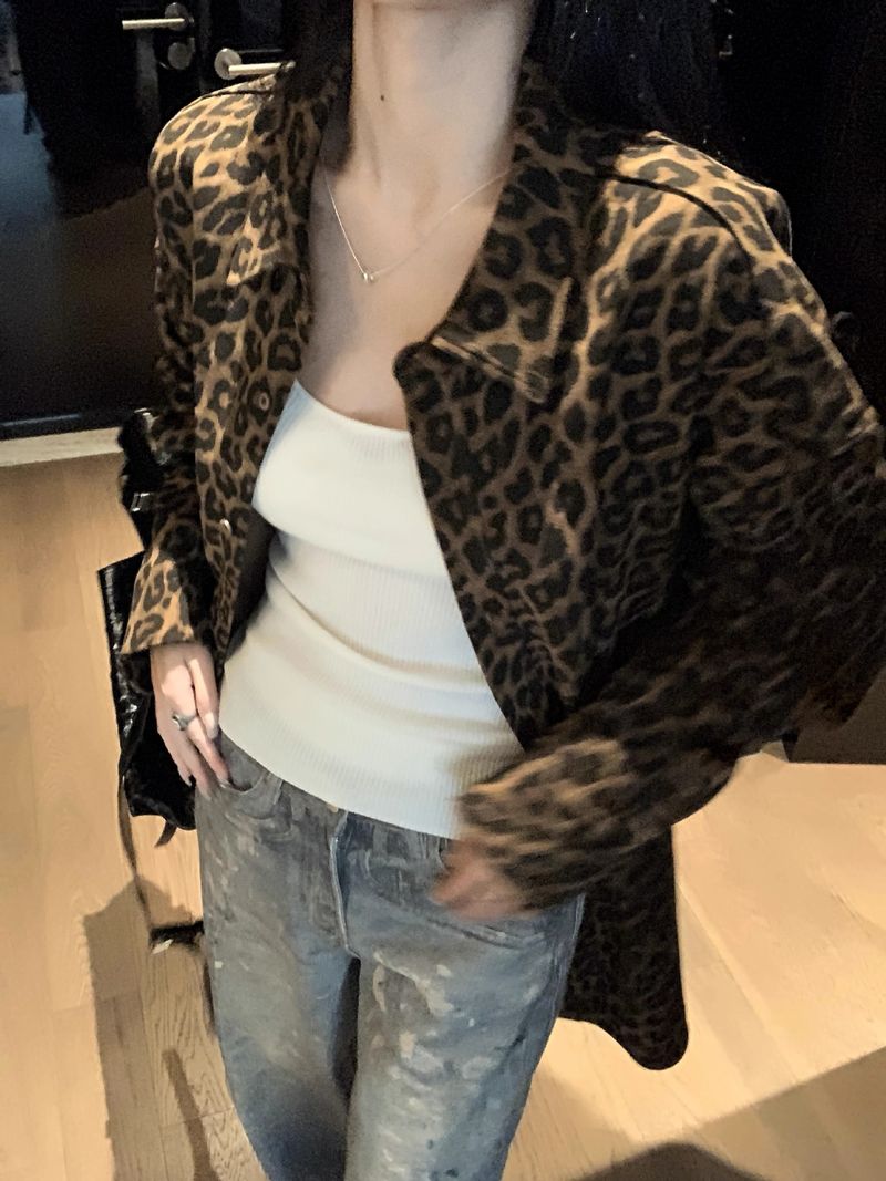 Giacca oversize casual con stampa leopardata per donna, stile americano autunnale, vestibilità ampia e dal design unico_voghion.com