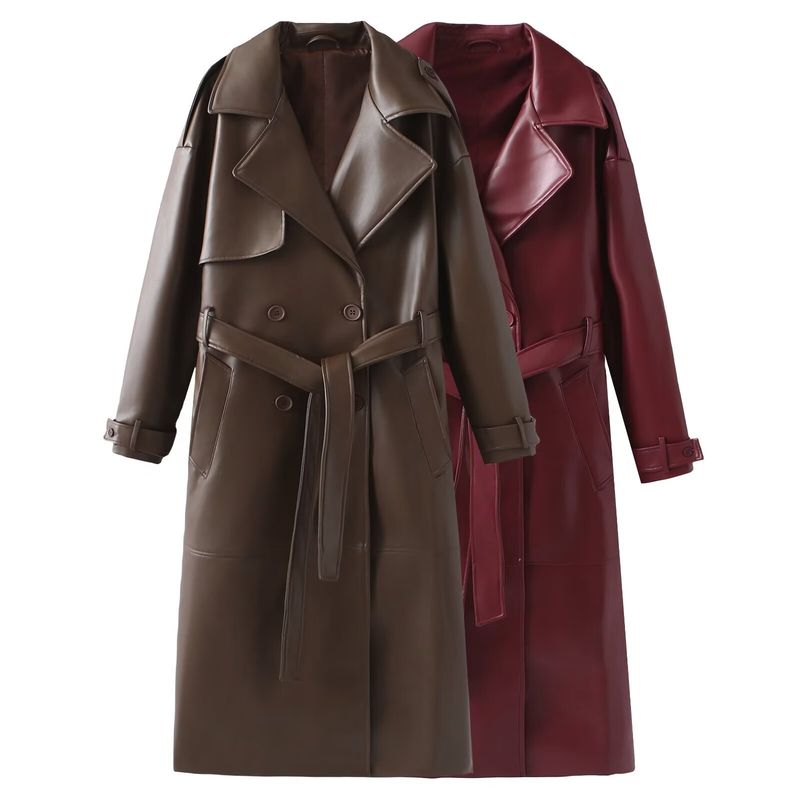 Toamna și iarna femeii noi îmbrăcăminte culoare solidă temperament slăbire vrac modă lungă din piele windbreaker pentru femei_voghion.com
