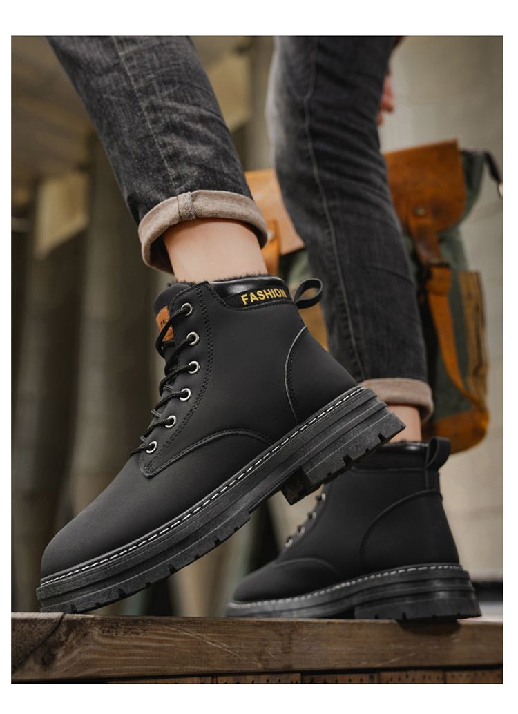 Men's Classic British Style Fleece-Lined Martin Boots - Comfortable Round Toe Casual Shoes For Winter (Khaki, Black, Gray, Green)_voghion.com