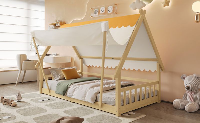 Holzbett 90x190cm Dans Zeltdesign, Abnehmbares Zelt, Kiefer, Natur_voghion.com