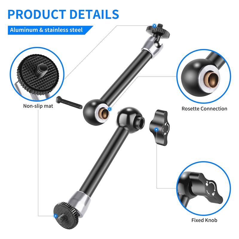 Bras magique à friction de 5,9/9,8 pouces avec deux vis filetées de 1/4 pouce pour flash, lumière LED, microphone, moniteur, super pince_voghion.com