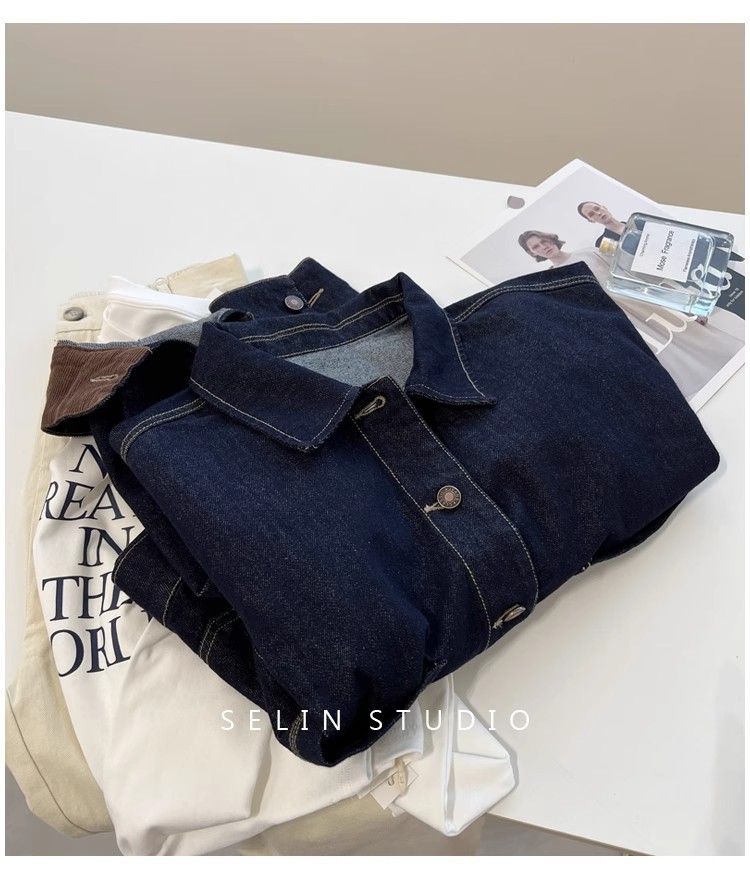 Giacca in denim oversize da donna - Stile boyfriend retrò, blu scuro, vestibilità comoda, cappotto casual unisex per l'autunno_voghion.com