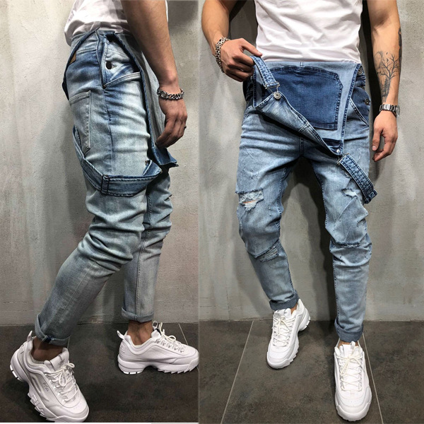 Roupas masculinas Macacão jeans estiloso frente única rasgado jeans e calças macacão pop pop_voghion.com
