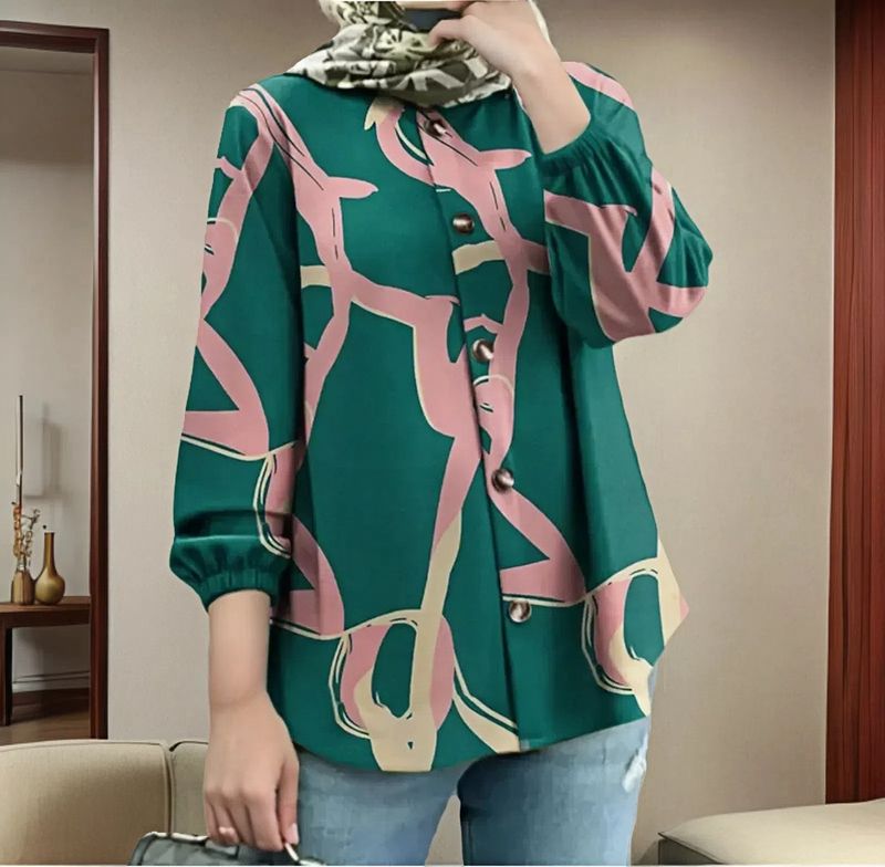 2025 Dames Lente Herfst Puff Lange Mouwen Stijlvolle Print Losse Casual Knoop Blouses Dames Feest Werk Tops Moslim Hijab Blusas_voghion.com