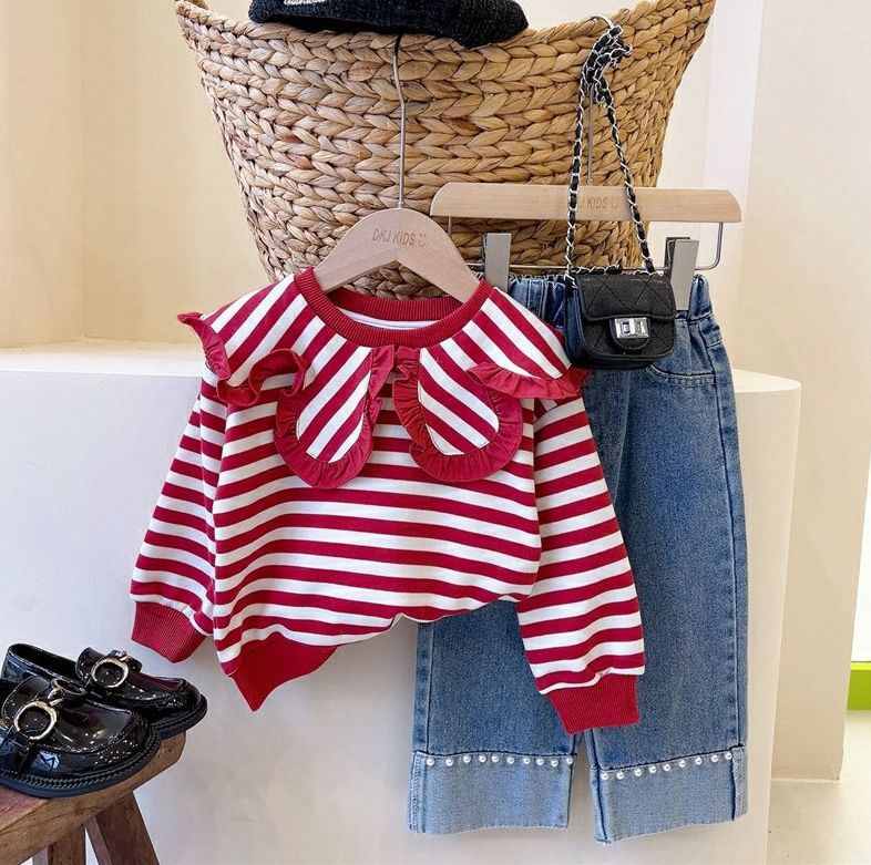 Ensemble deux pièces pour enfants, haut à revers rayé, pull, jean perlé_voghion.com