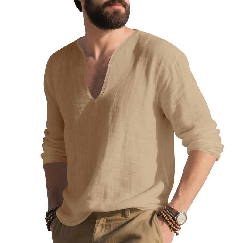 Maglietta a maniche lunghe da uomo in lino, casual, traspirante, con scollo a V, taglia grande, nuova collezione autunno-inverno_voghion.com