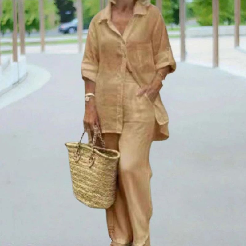 Zweiteiliges Set aus langärmligem Cardigan-Oberteil und Hose mit Revers für Damen_voghion.com