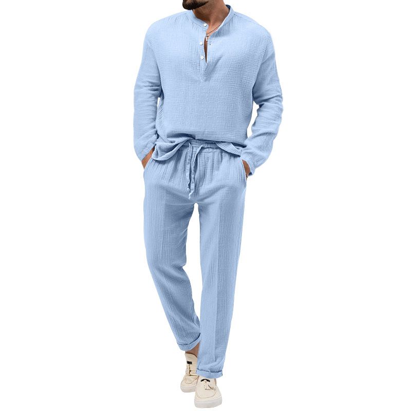 Men's solid color casual T-shirt long sleeve shirt pants suit_voghion.com