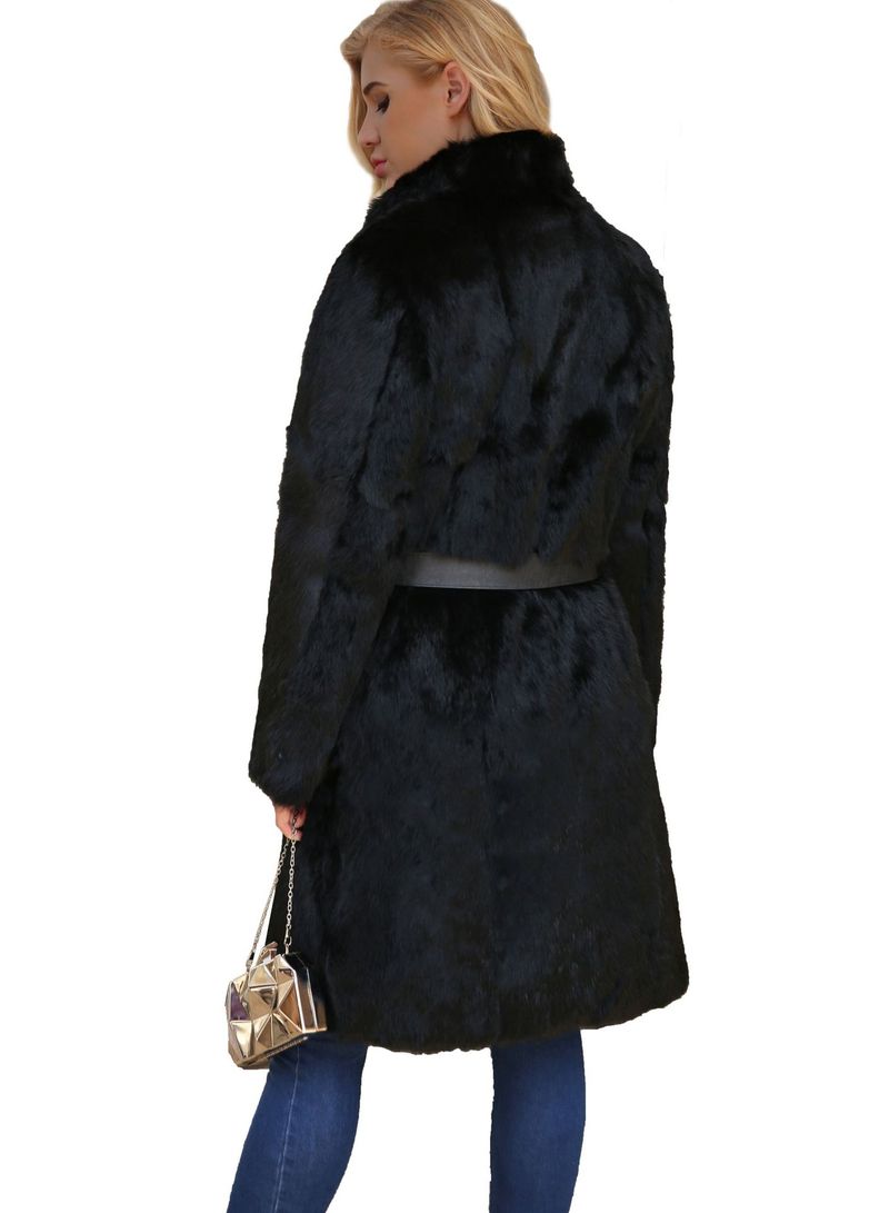 Abrigo largo de lujo de piel sintética de conejo para mujer, con cinturón ajustable, abrigo de invierno negro._voghion.com
