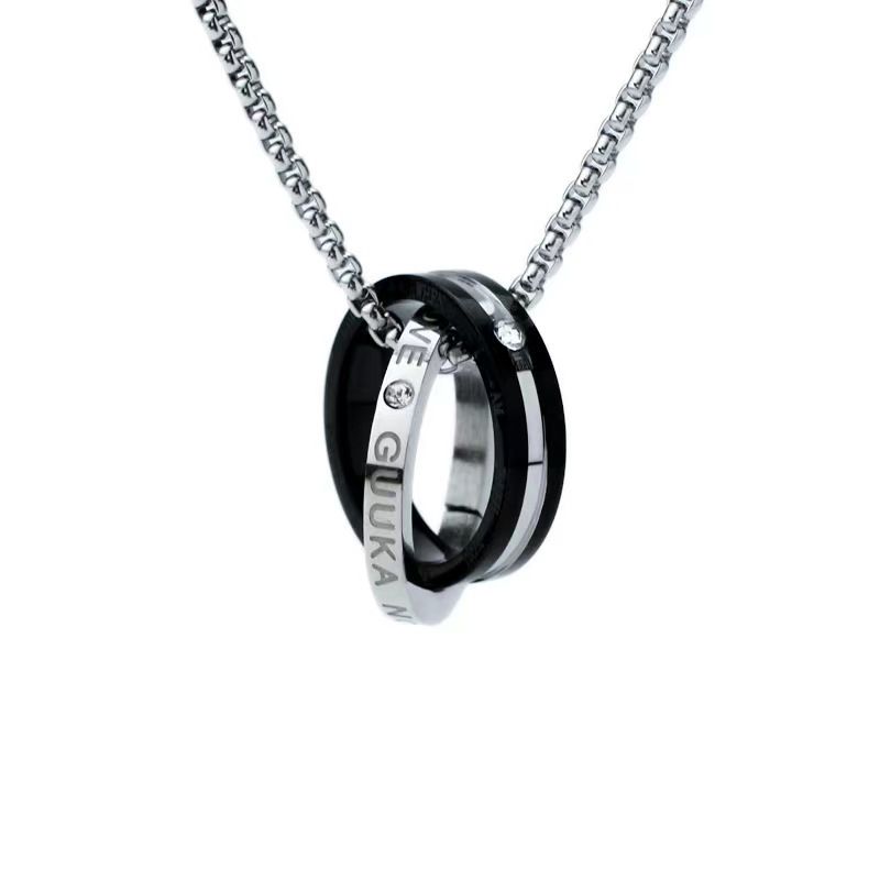 Ingelegde stenen ronde strass dubbele cirkel ketting titanium stalen dubbele ring hanger modieus en veelzijdig een paar paar kettingen_voghion.com