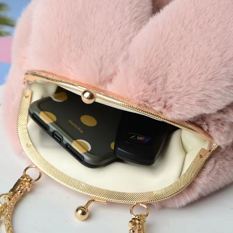 Borsa a tracolla in peluche per ragazze, borsa a tracolla da donna, borsa per telefono con catena, piccola borsa rotonda versatile e alla moda, borsa con fibbia a clip per orecchie di coniglio_voghion.com