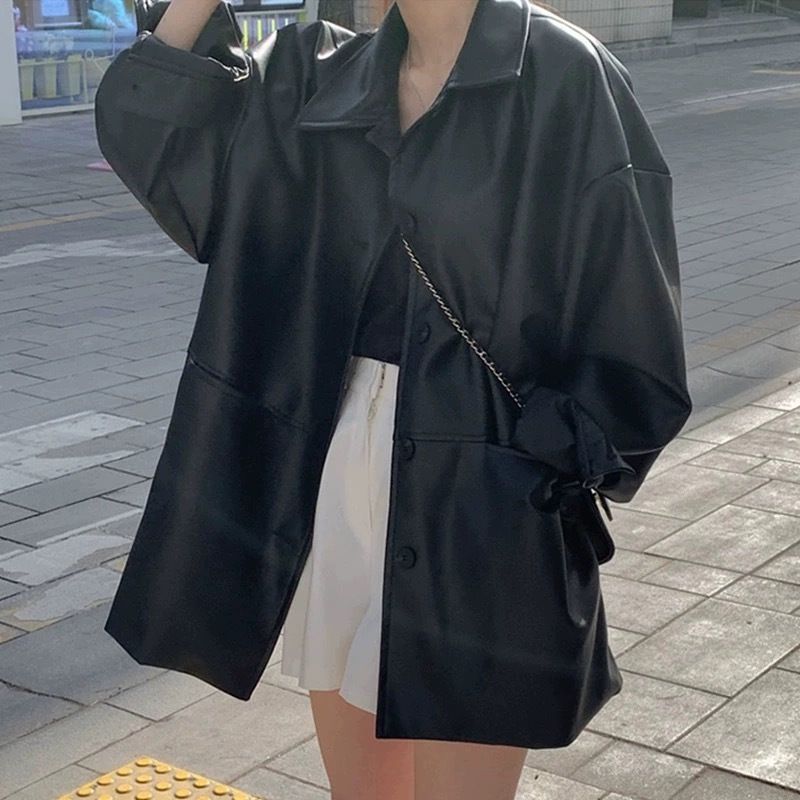 Giacca monopetto con colletto rovesciato, stile coreano, per donna, nuova giacca in pelle versatile e ampia, nera_voghion.com