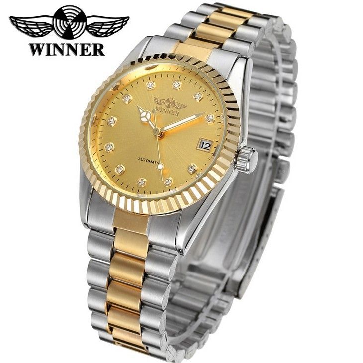 men's gold steel band business watch rhinbit band calendar through the bottom automatic manual mechanical watch_voghion.com